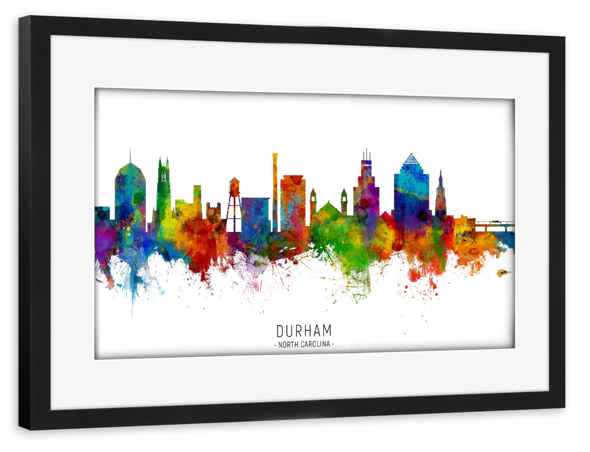 Poster mit Rahmen schwarz "Durham North Carolina Skyline txt" artboxONE - Städte