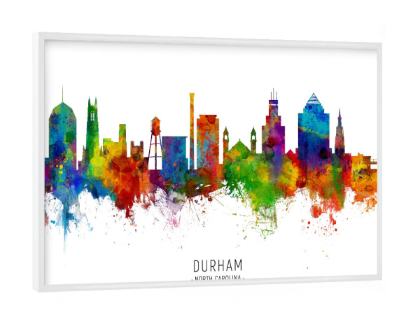 Poster mit weißem Rahmen "Durham North Carolina Skyline txt" artboxONE - Städte