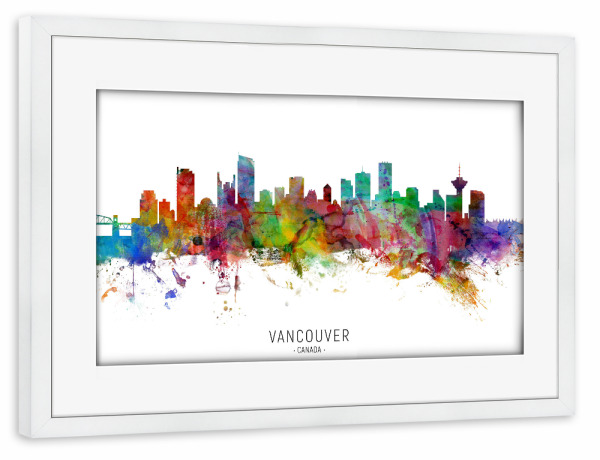 Poster mit Rahmen weiß "Vancouver Canada Skyline txt" artboxONE - Städte - Vancouver,Canada,Skyline,Cityscape,Stadtbild,Watercolor,Painting
