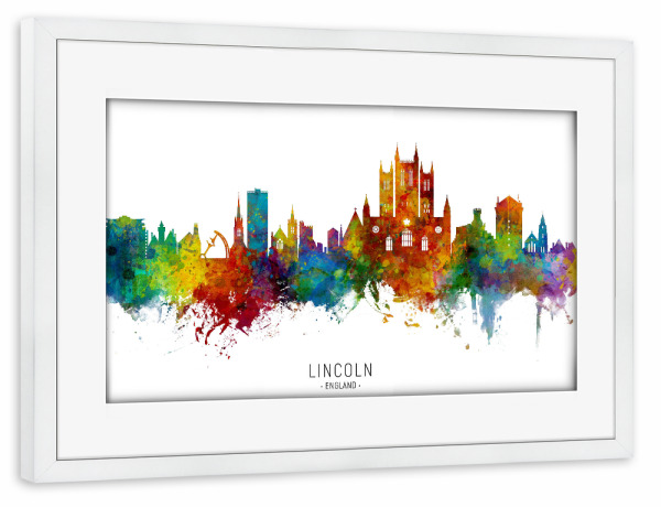 Poster mit Rahmen weiß "Lincoln England Skyline txt" artboxONE - Städte - Lincoln,England,Skyline,Cityscape,Stadtbild,Watercolor,Painting