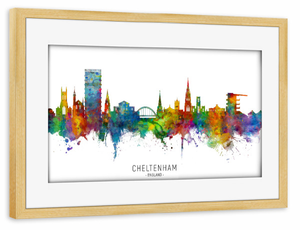 Poster mit Rahmen kiefer "Cheltenham England Skyline txt" artboxONE - Städte - Cheltenham,England,Skyline,Cityscape,Stadtbild,Watercolor,Painting