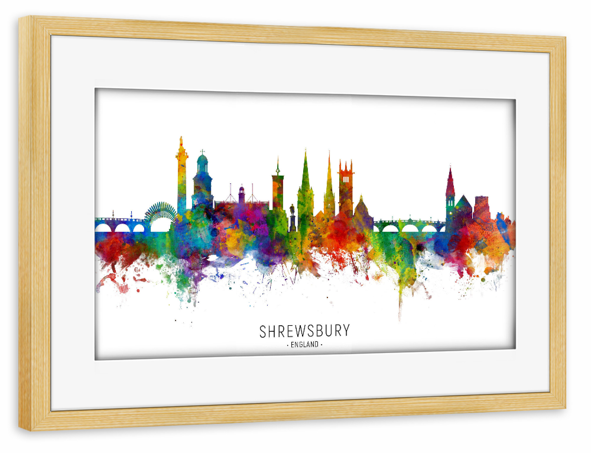 Poster mit Rahmen kiefer "Shrewsbury England Skyline txt" artboxONE - Städte - Shrewsbury,England,Skyline,Cityscape,Stadtbild,Watercolor,Painting