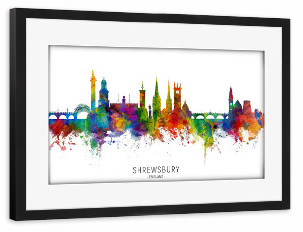 Poster mit Rahmen schwarz "Shrewsbury England Skyline txt" artboxONE - Städte - Shrewsbury,England,Skyline,Cityscape,Stadtbild,Watercolor,Painting