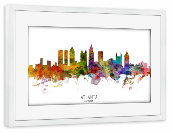 Poster mit Rahmen weiß "Atlanta Georgia Skyline txt" artboxONE - Städte - Atlanta,Georgia,Skyline,Cityscape,Stadtbild,Watercolor,Painting