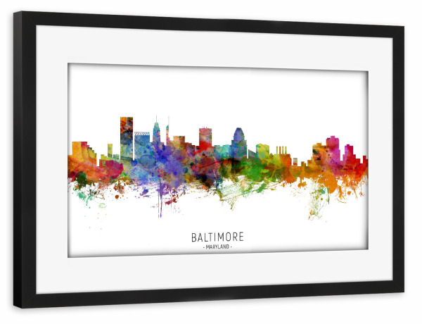 Poster mit Rahmen schwarz "Baltimore Maryland Skyline txt" artboxONE - Städte - Baltimore,Maryland,Skyline,Cityscape,Stadtbild,Watercolor,Painting