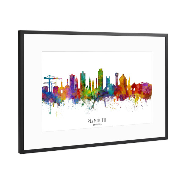 Poster mit Rahmen Schwarz (Metallic) "Plymouth England Skyline txt" artboxONE - Städte