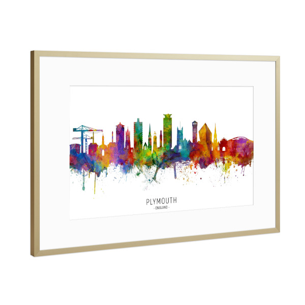 Poster mit Rahmen Gold "Plymouth England Skyline txt" artboxONE - Städte - Plymouth,England,Skyline,Cityscape,Stadtbild,Watercolor,Painting