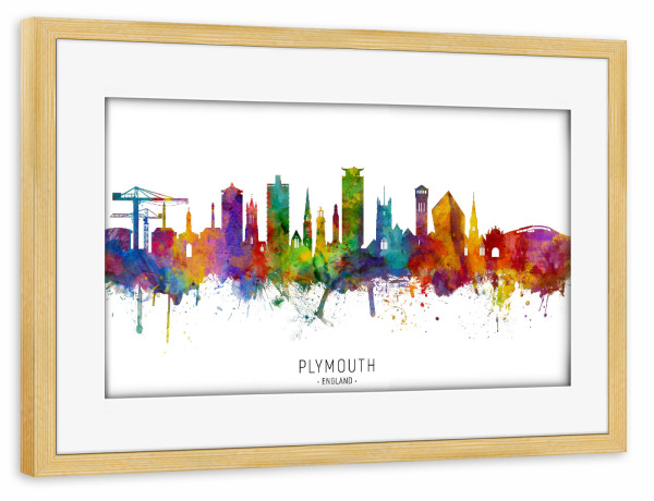 Poster mit Rahmen kiefer "Plymouth England Skyline txt" artboxONE - Städte - Plymouth,England,Skyline,Cityscape,Stadtbild,Watercolor,Painting