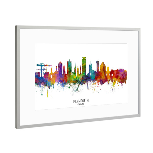 Poster mit Rahmen Silber "Plymouth England Skyline txt" artboxONE - Städte - Plymouth,England,Skyline,Cityscape,Stadtbild,Watercolor,Painting