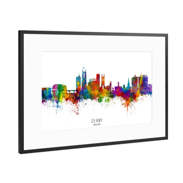 Poster mit Rahmen Schwarz (Metallic) "Derby England Skyline txt" artboxONE - Städte - Derby,England,Skyline,Cityscape,Stadtbild,Watercolor,Painting