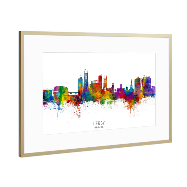 Poster mit Rahmen Gold "Derby England Skyline txt" artboxONE - Städte - Derby,England,Skyline,Cityscape,Stadtbild,Watercolor,Painting