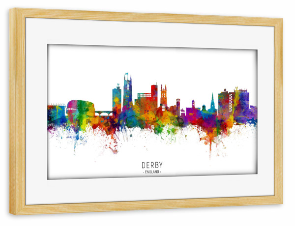 Poster mit Rahmen kiefer "Derby England Skyline txt" artboxONE - Städte - Derby,England,Skyline,Cityscape,Stadtbild,Watercolor,Painting