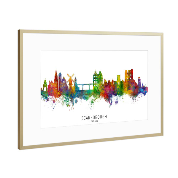 Poster mit Rahmen Gold "Scarborough England Skyline txt" artboxONE - Städte - Scarborough,England,Skyline,Cityscape,Stadtbild,Watercolor,Painting