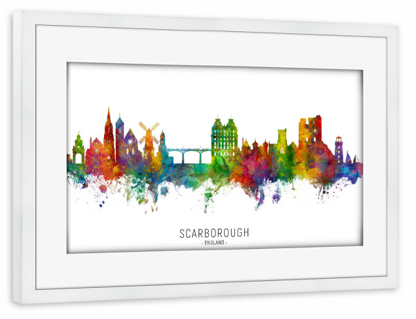 Poster mit Rahmen weiß "Scarborough England Skyline txt" artboxONE - Städte - Scarborough,England,Skyline,Cityscape,Stadtbild,Watercolor,Painting
