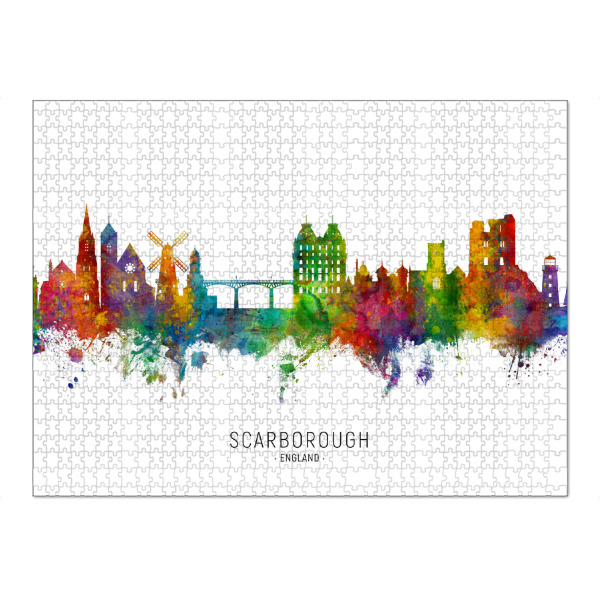 Puzzle Ravensburger "Scarborough England Skyline txt" artboxONE - Städte - Scarborough,England,Skyline,Cityscape,Stadtbild,Watercolor,Painting