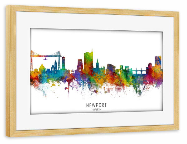 Poster mit Rahmen kiefer "Newport Wales Skyline txt" artboxONE - Städte - Newport,Wales,Skyline,Cityscape,Stadtbild,Watercolor,Painting