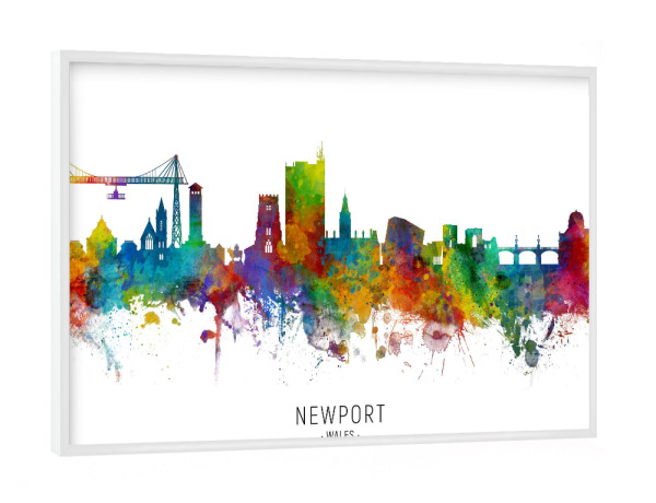 Poster mit weißem Rahmen "Newport Wales Skyline txt" artboxONE - Städte - Newport,Wales,Skyline,Cityscape,Stadtbild,Watercolor,Painting