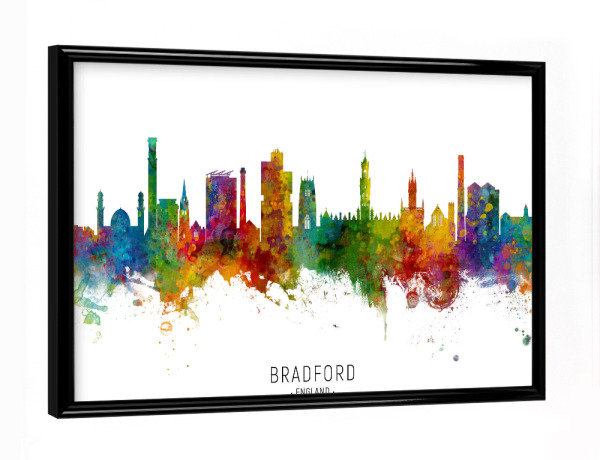 Poster mit schwarzem Rahmen "Bradford England Skyline txt" artboxONE - Städte - Bradford,England,Skyline,Cityscape,Stadtbild,Watercolor,Painting