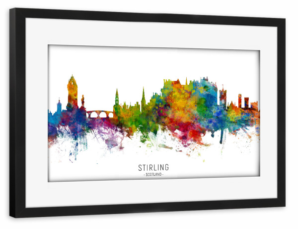 Poster mit Rahmen schwarz "Stirling Scotland Skyline txt" artboxONE - Städte - Stirling,Scotland,Skyline,Cityscape,Stadtbild,Watercolor,Painting