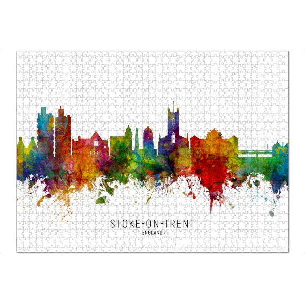 Puzzle Ravensburger "Stoke-on-Trent England Skyline txt" artboxONE - Städte - Stoke-on-trent,England,Skyline,Cityscape,Stadtbild,Watercolor,Painting