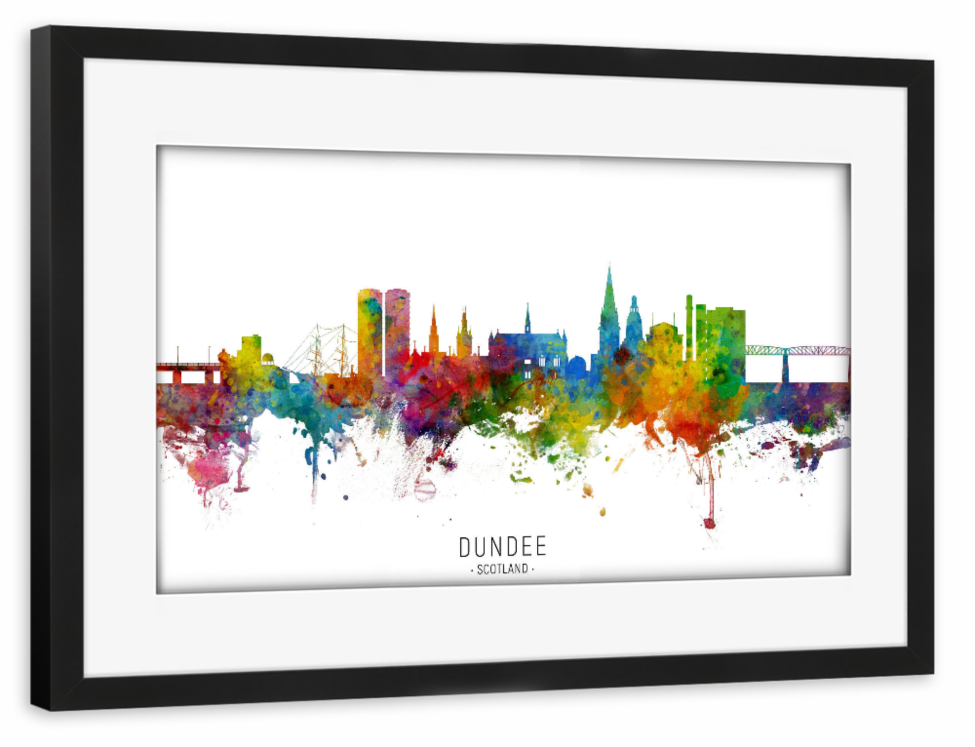 Poster mit Rahmen schwarz "Dundee Scotland Skyline txt" artboxONE - Städte - Dundee,Scotland,Skyline,Cityscape,Stadtbild,Watercolor,Painting