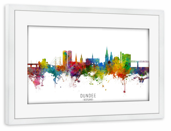 Poster mit Rahmen weiß "Dundee Scotland Skyline txt" artboxONE - Städte - Dundee,Scotland,Skyline,Cityscape,Stadtbild,Watercolor,Painting