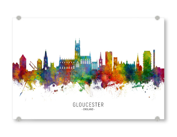 Acrylglasbild "Gloucester England Skyline txt" artboxONE - Städte - Gloucester,England,Skyline,Cityscape,Stadtbild,Watercolor,Painting