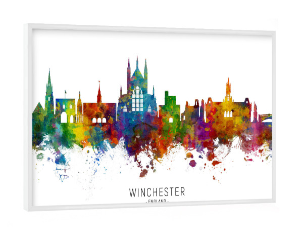 Poster mit weißem Rahmen "Winchester England Skyline txt" artboxONE - Städte - Winchester,England,Skyline,Cityscape,Stadtbild,Watercolor,Painting