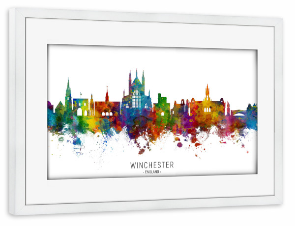 Poster mit Rahmen weiß "Winchester England Skyline txt" artboxONE - Städte - Winchester,England,Skyline,Cityscape,Stadtbild,Watercolor,Painting