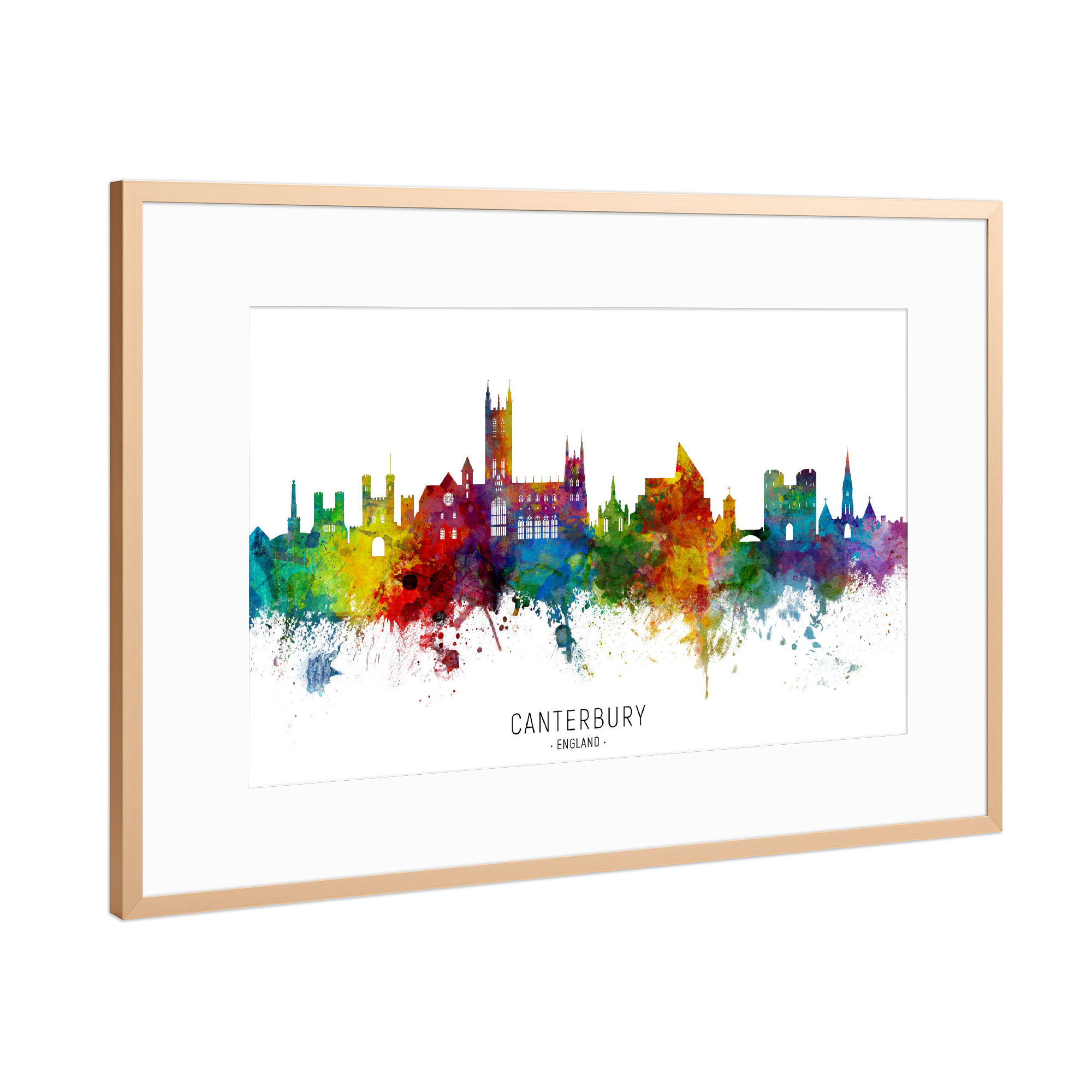 Poster mit Rahmen Kupfer "Canterbury England Skyline txt" artboxONE - Städte - Canterbury,England,Skyline,Cityscape,Stadtbild,Watercolor,Painting