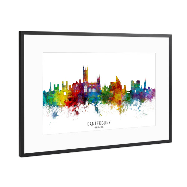 Poster mit Rahmen Schwarz (Metallic) "Canterbury England Skyline txt" artboxONE - Städte