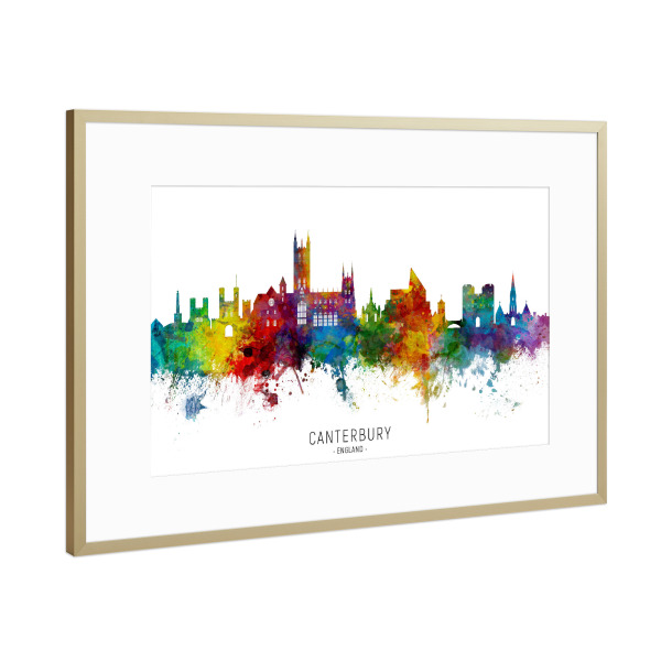 Poster mit Rahmen Gold "Canterbury England Skyline txt" artboxONE - Städte - Canterbury,England,Skyline,Cityscape,Stadtbild,Watercolor,Painting