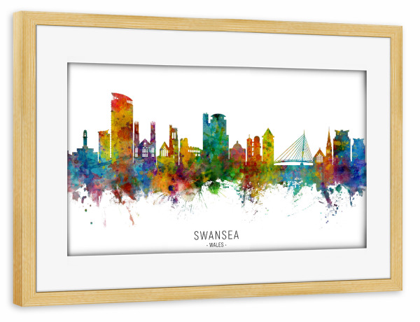 Poster mit Rahmen kiefer "Swansea Wales Skyline txt" artboxONE - Städte - Swansea,Wales,Skyline,Cityscape,Stadtbild,Watercolor,Painting