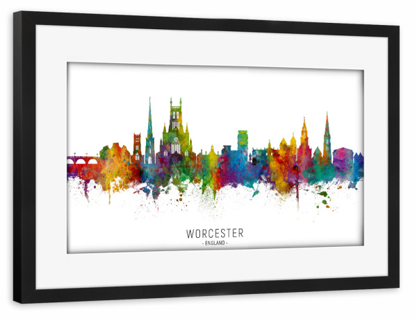 Poster mit Rahmen schwarz "Worcester England Skyline txt" artboxONE - Städte - Worcester,England,Skyline,Cityscape,Stadtbild,Watercolor,Painting