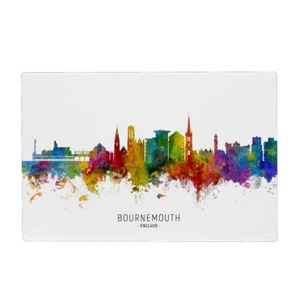Holzbild "Bournemouth England Skyline txt" artboxONE - Städte - Bournemouth,England,Skyline,Cityscape,Stadtbild,Watercolor,Painting