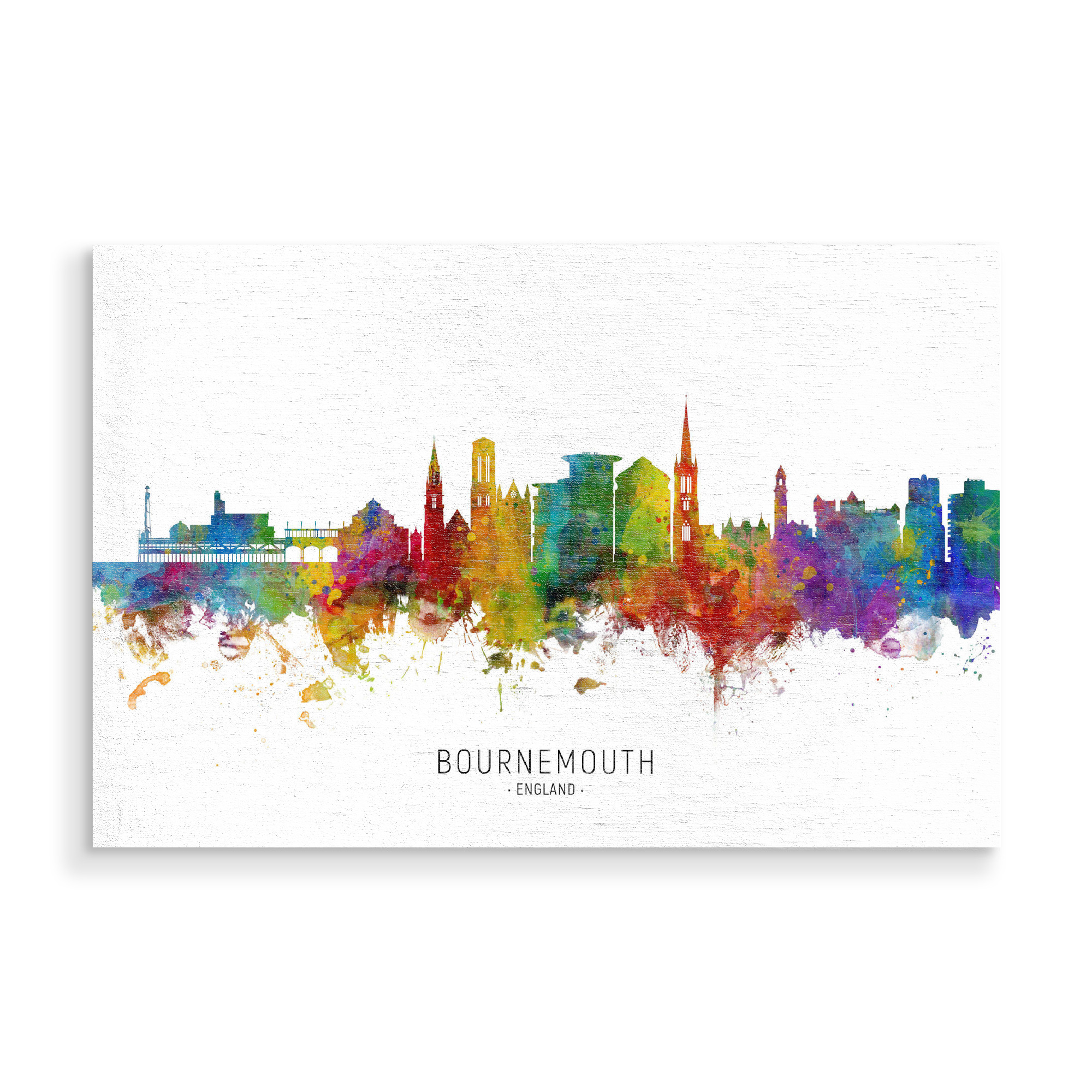 Holzbild "Bournemouth England Skyline txt" artboxONE - Städte - Bournemouth,England,Skyline,Cityscape,Stadtbild,Watercolor,Painting