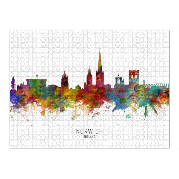 Puzzle Ravensburger "Norwich England Skyline txt" artboxONE - Städte - Norwich,England,Skyline,Cityscape,Stadtbild,Watercolor,Painting