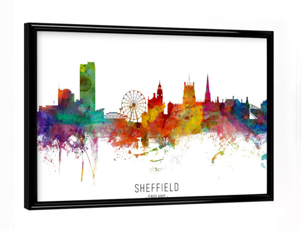 Poster mit schwarzem Rahmen "Sheffield England Skyline txt" artboxONE - Städte - Sheffield,England,Skyline,Cityscape,Stadtbild,Watercolor,Painting