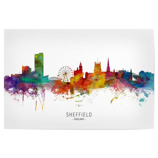 Poster "Sheffield England Skyline txt" artboxONE - Städte - Sheffield,England,Skyline,Cityscape,Stadtbild,Watercolor,Painting