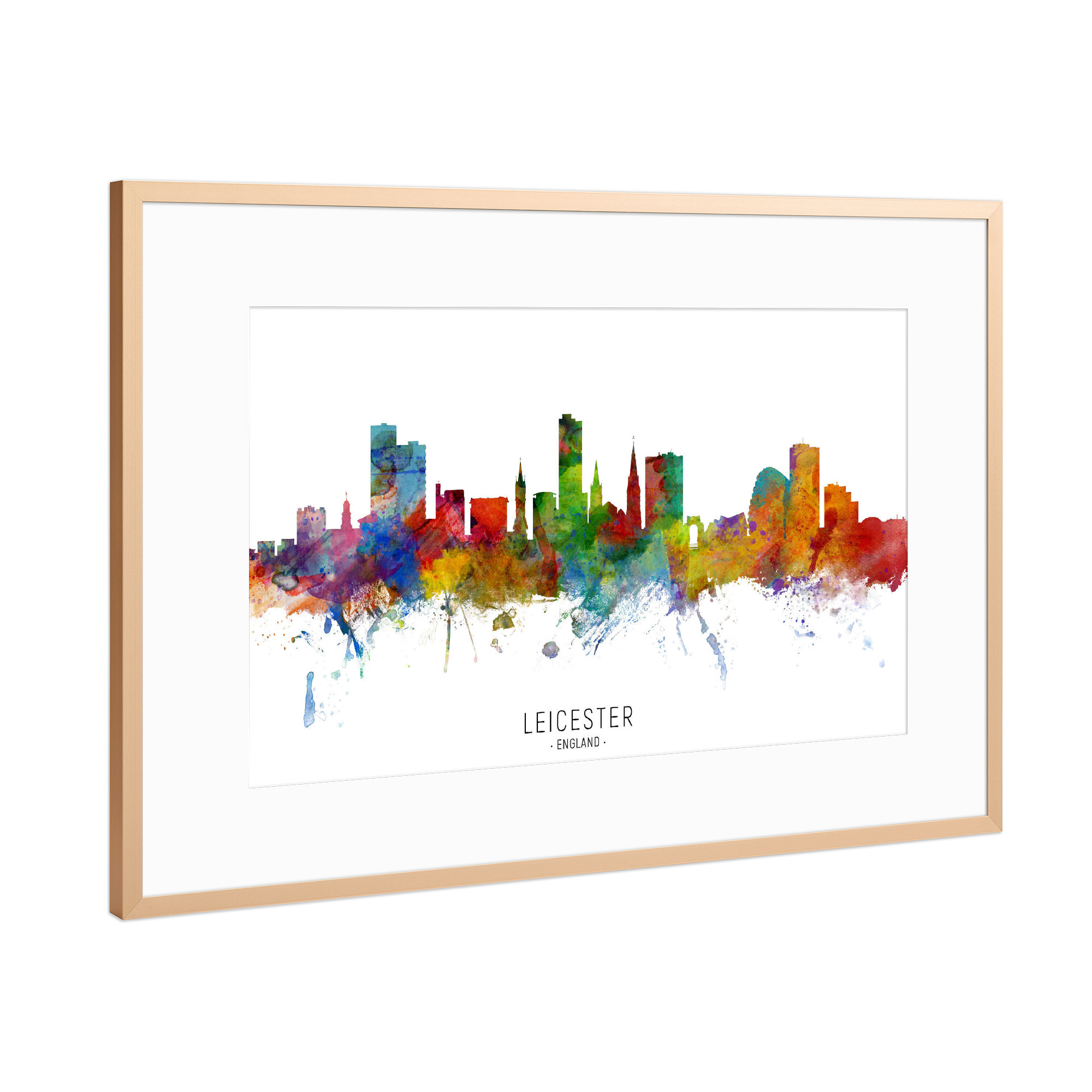 Poster mit Rahmen Kupfer "Leicester England Skyline txt" artboxONE - Städte - Leicester,England,Skyline,Cityscape,Stadtbild,Watercolor,Painting
