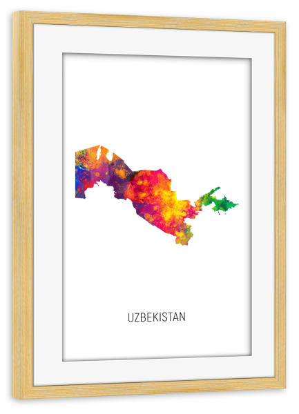 Poster mit Rahmen kiefer "Uzbekistan Watercolor Map" artboxONE - Kartografie - Uzbekistan,Map,Watercolor,Painting