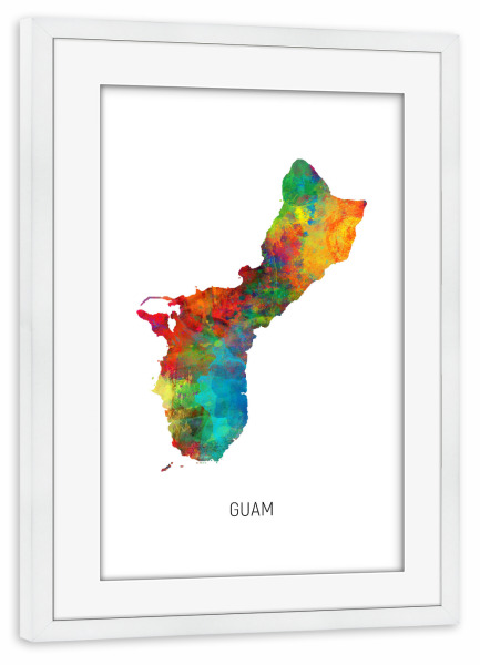 Poster mit Rahmen weiß "Guam Watercolor Map" artboxONE - Kartografie - Guam,Map,Watercolor,Painting