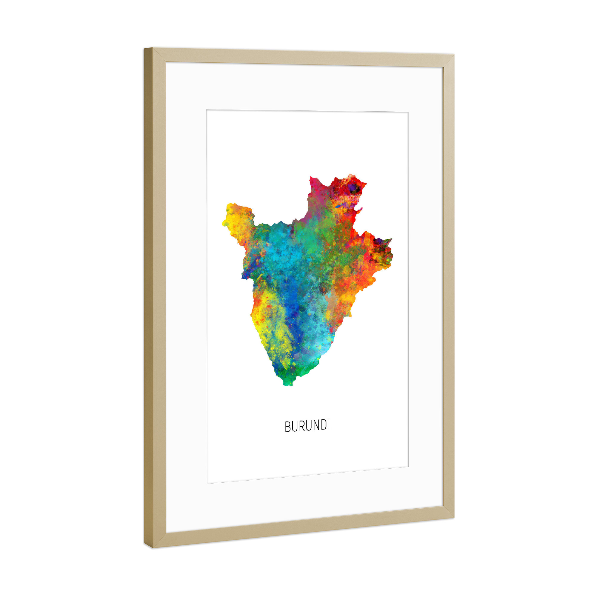 Poster mit Rahmen Gold "Burundi Watercolor Map" artboxONE - Kartografie - Burundi,Map,Watercolor,Painting