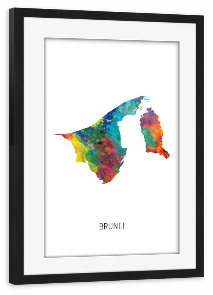 Poster mit Rahmen schwarz "Brunei Watercolor Map" artboxONE - Kartografie - Brunei,Map,Watercolor,Painting