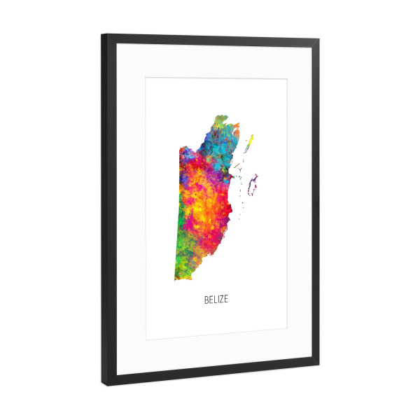 Poster mit Rahmen Schwarz (Metallic) "Belize Watercolor Map" artboxONE - Kartografie - Belize,Map,Watercolor,Painting