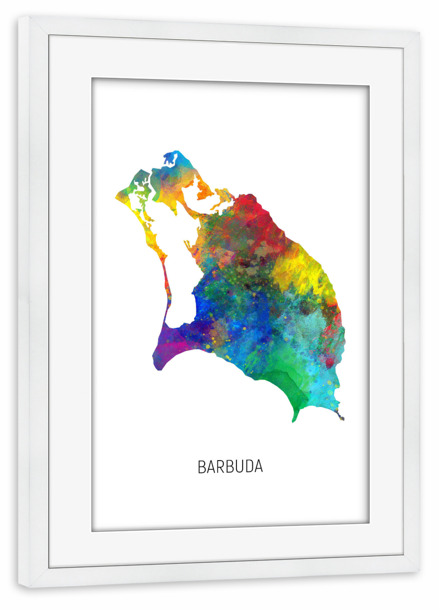 Poster mit Rahmen weiß "Barbuda Watercolor Map" artboxONE - Kartografie - Barbuda,Map,Watercolor,Painting