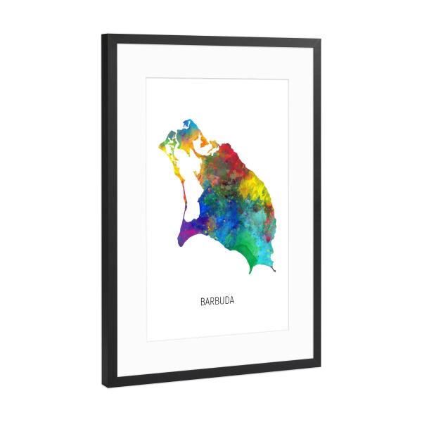 Poster mit Rahmen Schwarz (Metallic) "Barbuda Watercolor Map" artboxONE - Kartografie - Barbuda,Map,Watercolor,Painting