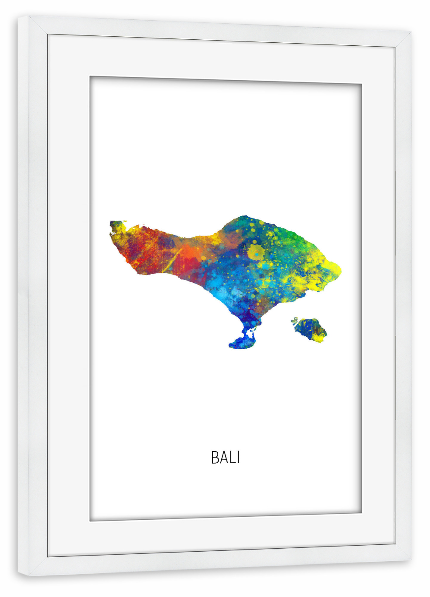 Poster mit Rahmen weiß "Bali Watercolor Map" artboxONE - Kartografie - Bali,Map,Watercolor,Painting
