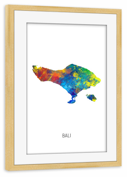 Poster mit Rahmen kiefer "Bali Watercolor Map" artboxONE - Kartografie - Bali,Map,Watercolor,Painting