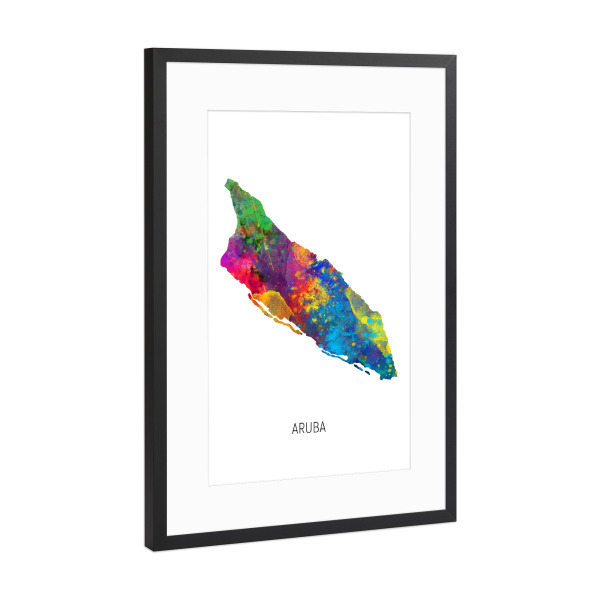 Poster mit Rahmen Schwarz (Metallic) "Aruba Watercolor Map" artboxONE - Kartografie - Aruba,Map,Watercolor,Painting